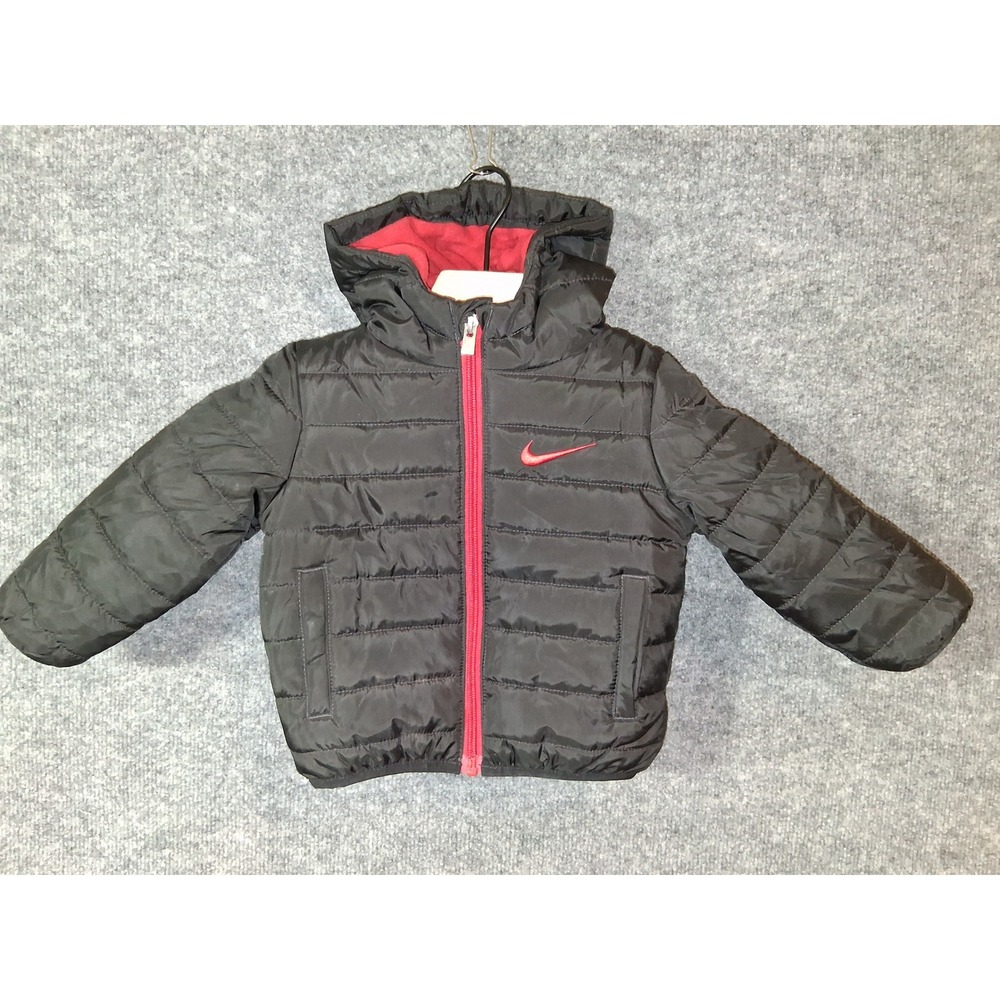 Nike Kids Puffer Jacket 12M Black Red Full Zip‎ Hooded Winter Coat